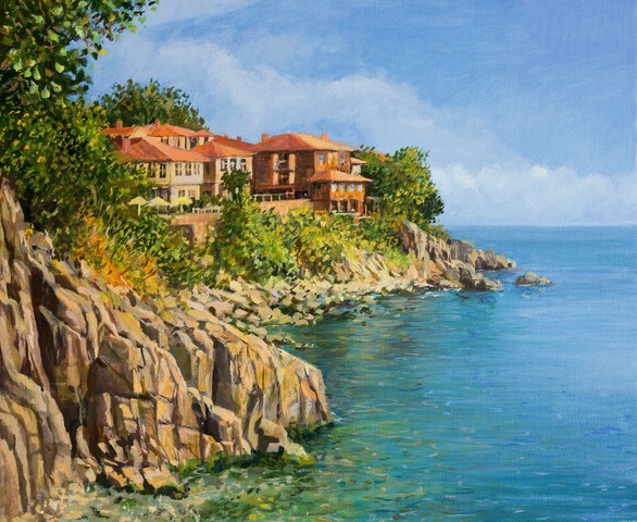 An oil painting on canvas of a tranquil summer day in Sozopol, Bulgaria